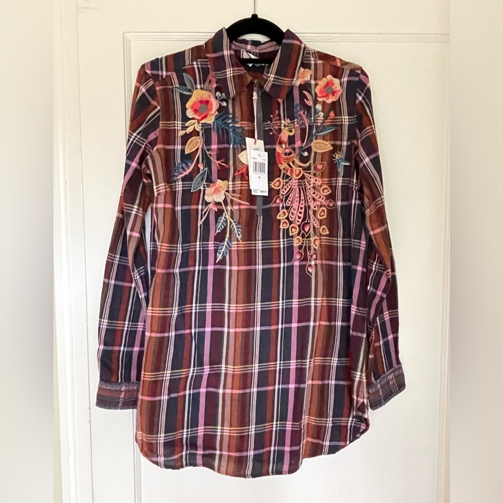 Johnny Was Shuri Zipup Shirt Tunic. Plaid embroidered.  XS. Long sleeved..